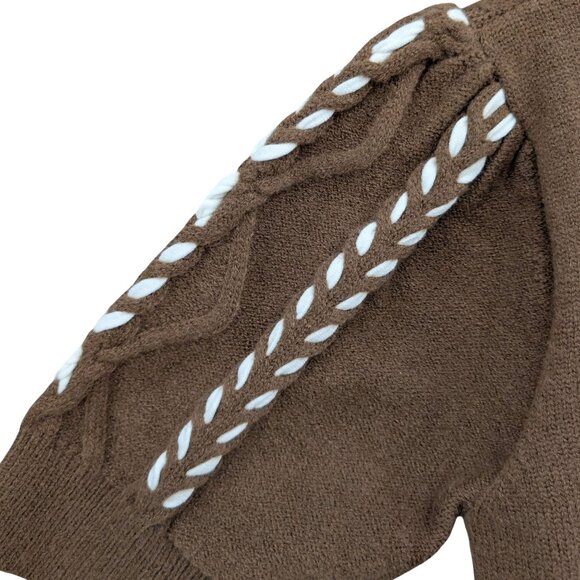 Commense Contrast Binding Cable Knit Sweater Womens Brown Cream 1/2 Sleeve Sz L - Picture 8 of 8